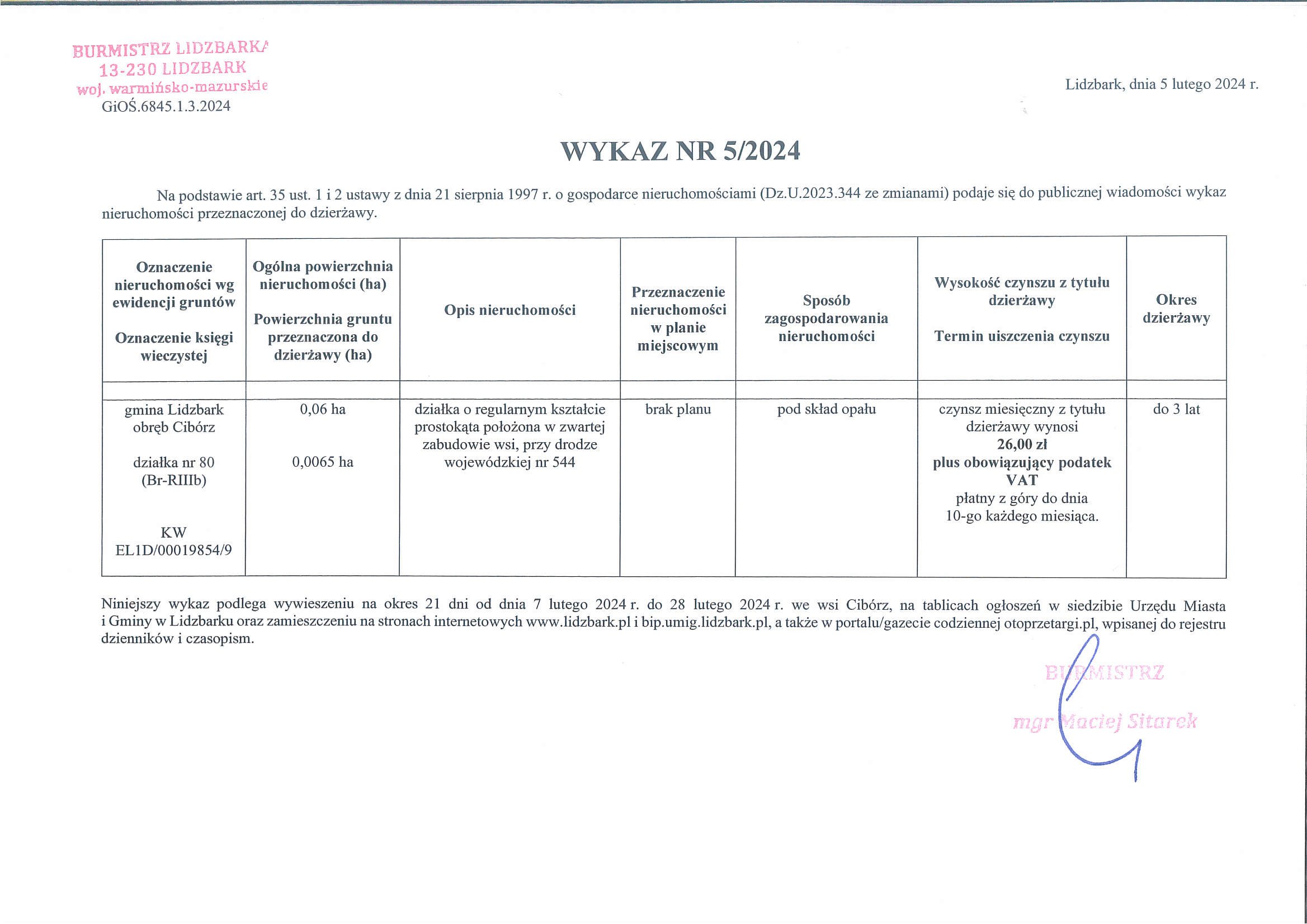 Wykaz Nr 5/2024 - Nieruchomość gruntowa do dzierżawy -  obr. Cibórz dz. nr 80